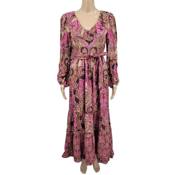 A Loves A Linen Rayon Pink Tan Burgundy Paisley Printed Long Sleeve Maxi Dress - Picture 4 of 16